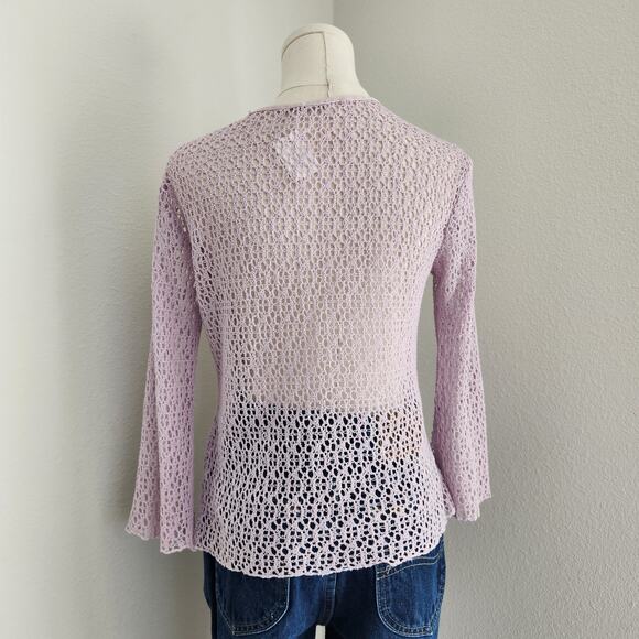Y2K Purple Lavender Crochet Tie Front Cardigan Bell Sleeve Open Knit Top S - Picture 5 of 7
